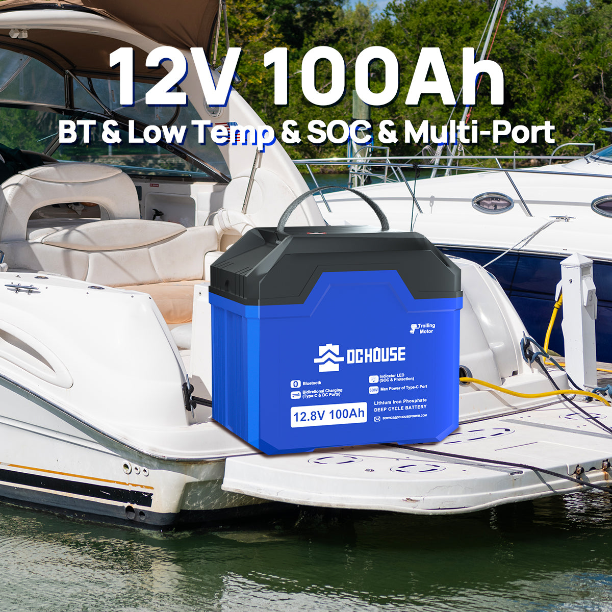 Advanced 12V 100AH LiFePO4 battery with low temp cut-off, Bluetooth monitoring, SOC indicator, and multiple output ports for trolling motor setups