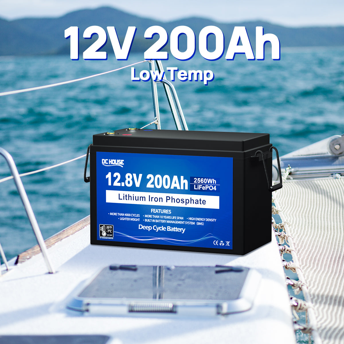 High-capacity 12V 200Ah LiFePO4 battery with low temperature cut-off, perfect for trolling motor performance in cold weather conditions