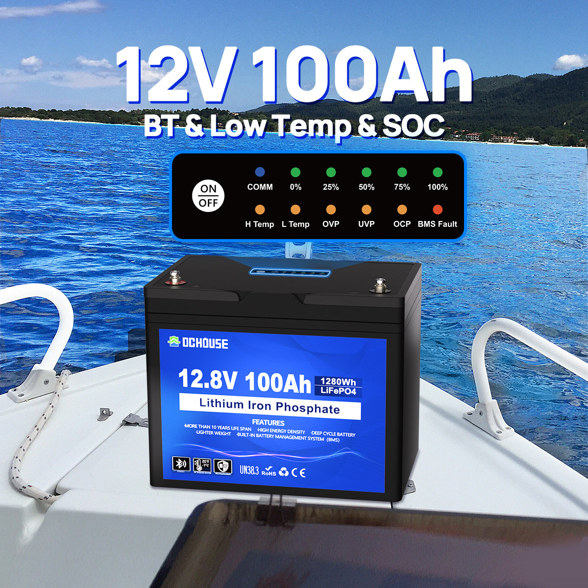 12V 100Ah LiFePO4 battery featuring low-temperature heating, Bluetooth monitoring, and SOC (State of Charge) indicator panel for real-time battery status.