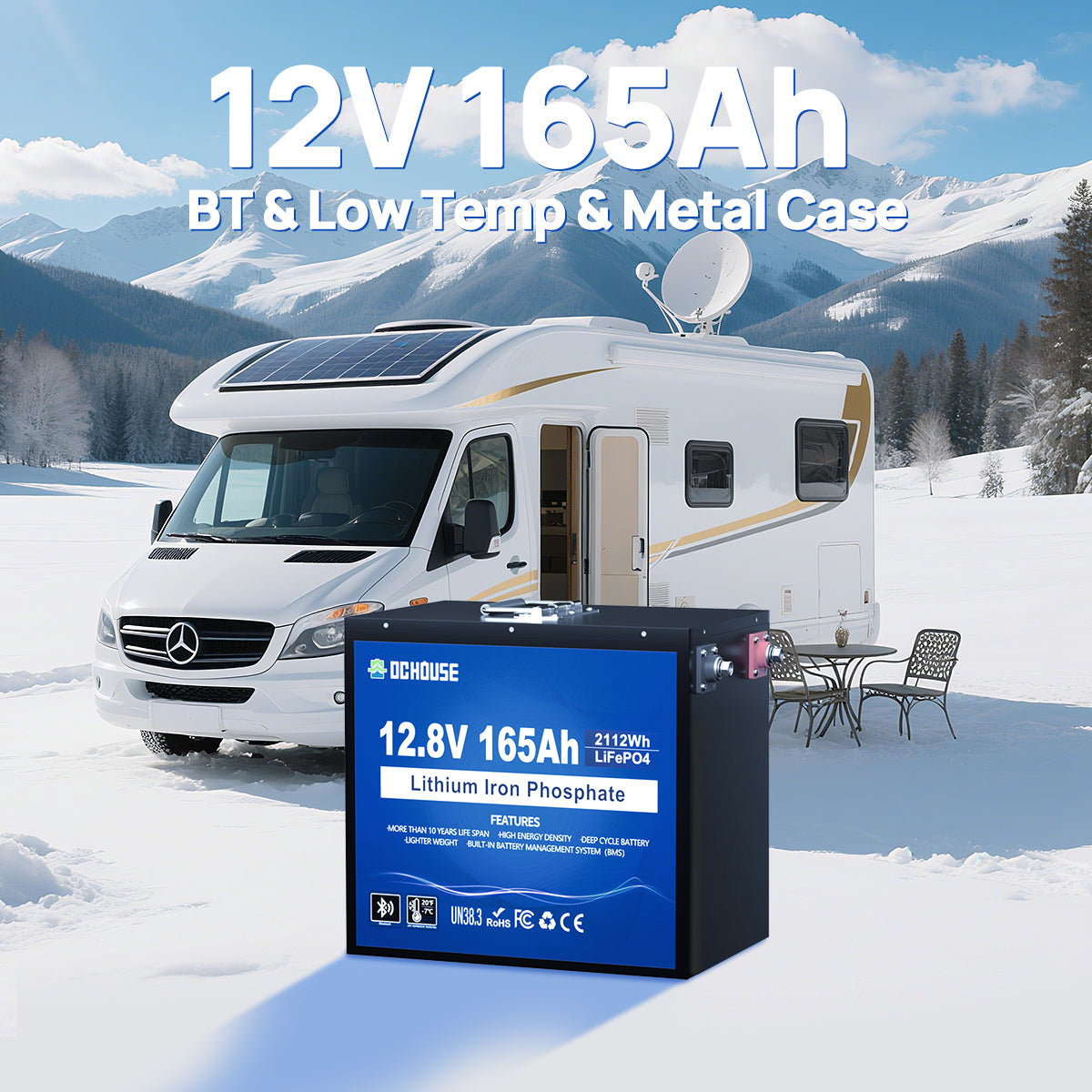 12V 165Ah LiFePO4 battery featuring low-temperature heating, Bluetooth monitoring, and durable metal casing for enhanced protection and longevity.