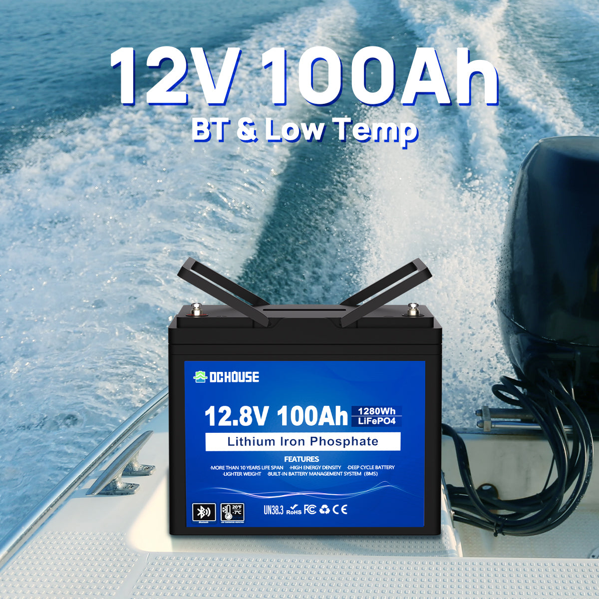 12V 100AH LiFePO4 battery with low temperature protection and Bluetooth, ideal for cold-weather trolling motor use