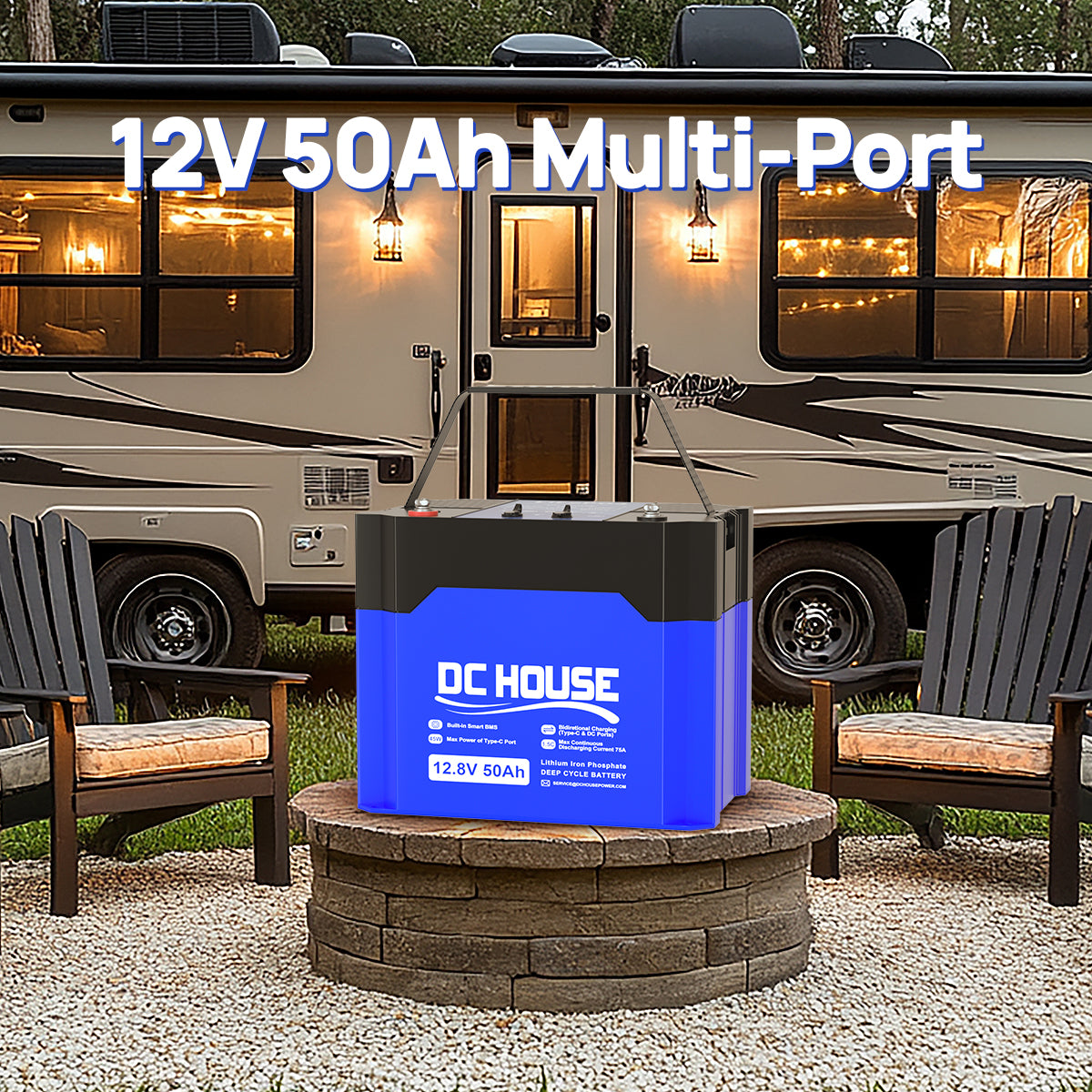 12V 50Ah LiFePO4 battery, compact size and lightweight design, perfect for small RVs, camping, and portable solar setups.