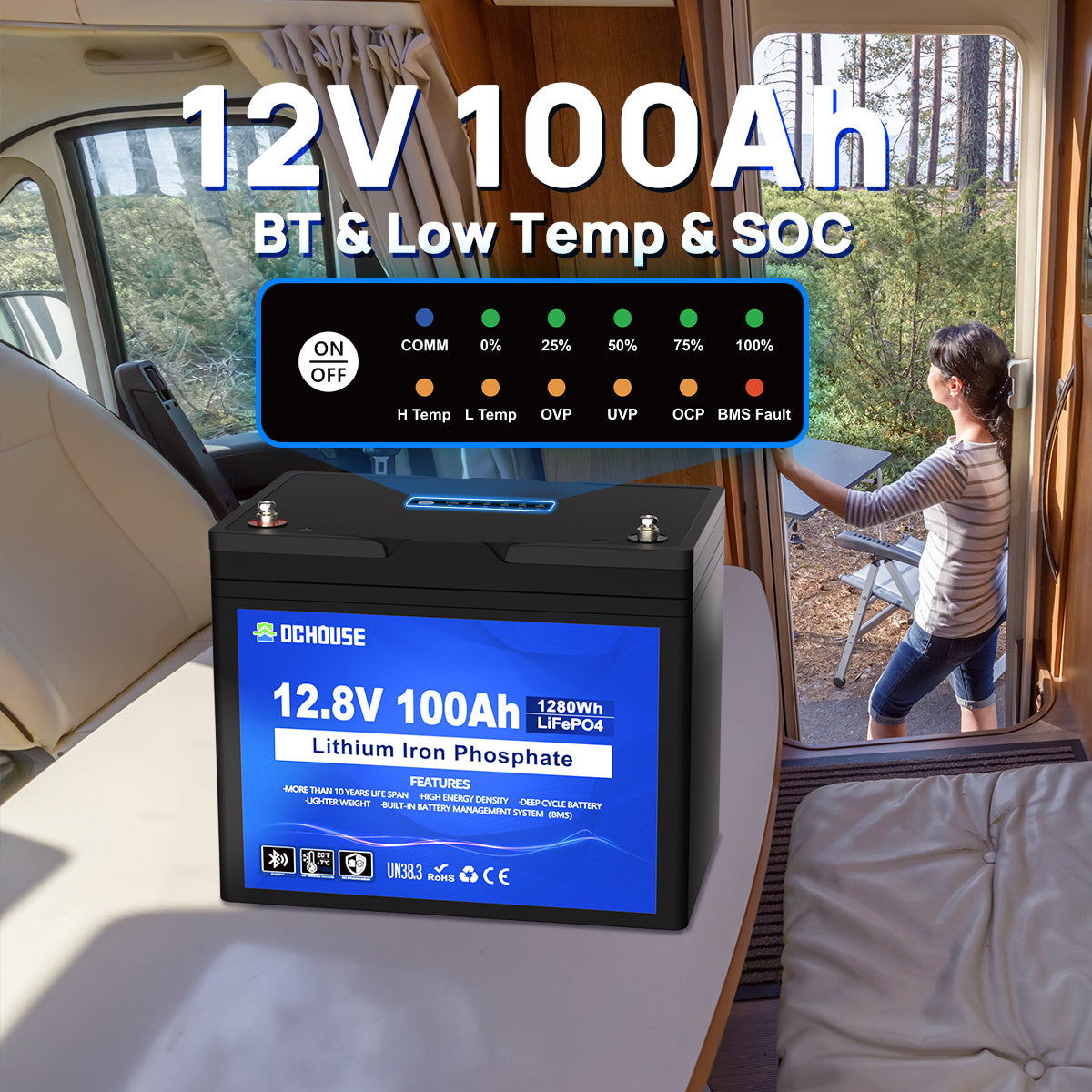 12V 100Ah LiFePO4 battery featuring low-temperature heating, Bluetooth monitoring, and SOC (State of Charge) indicator panel for real-time battery status.