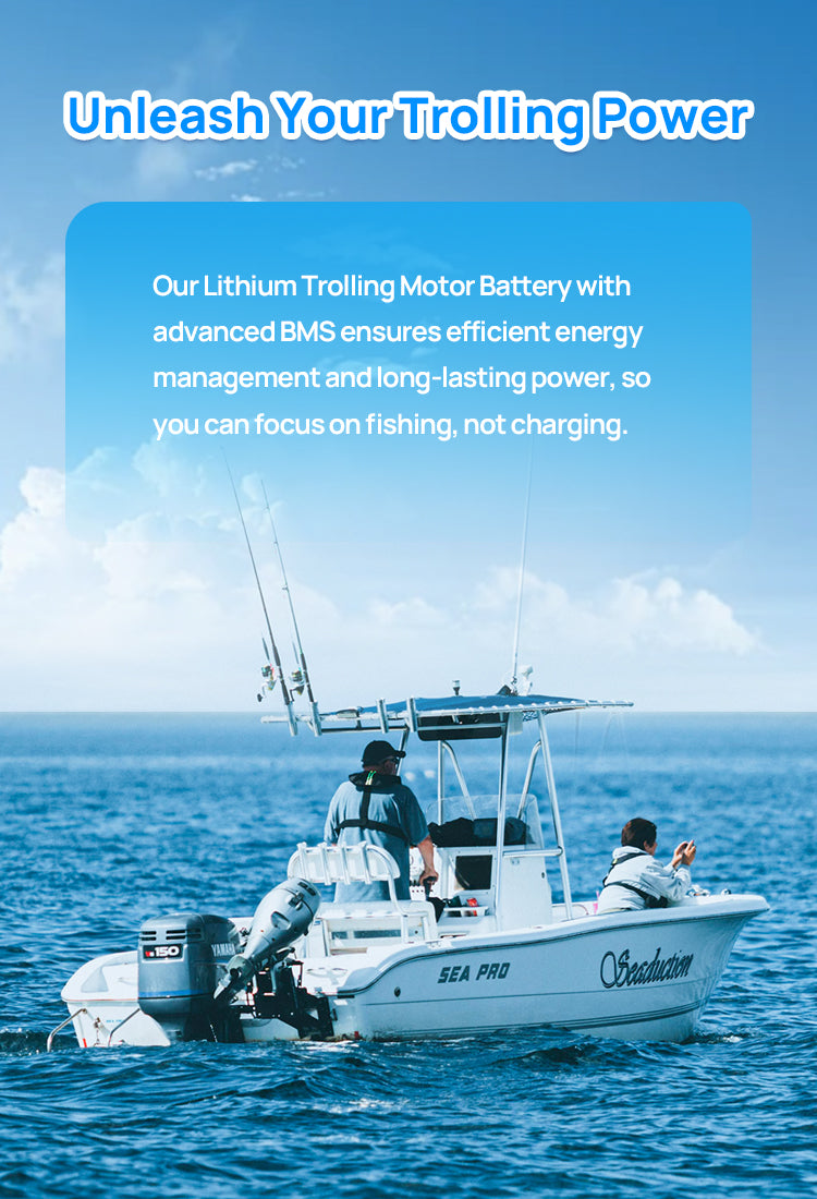 DC HOUSE LiFePO4 battery powering a trolling motor on a fishing boat, designed for extended run time and reliable marine use