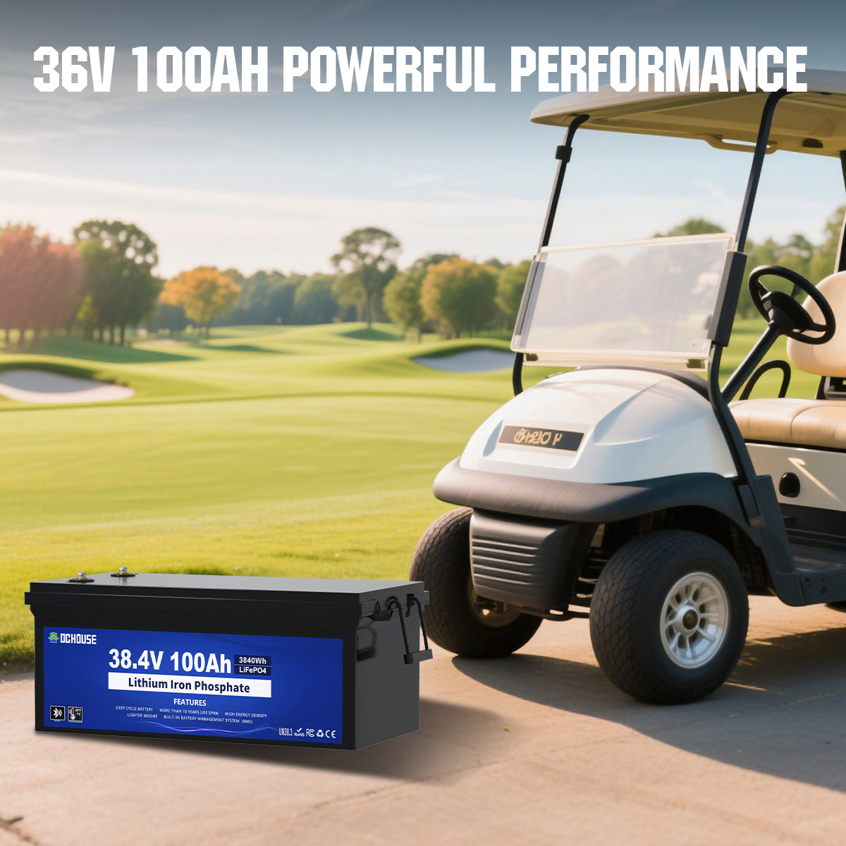 36V 100Ah LiFePO4 battery with low temperature protection, Bluetooth, LCD monitor, and 150A continuous current for golf carts