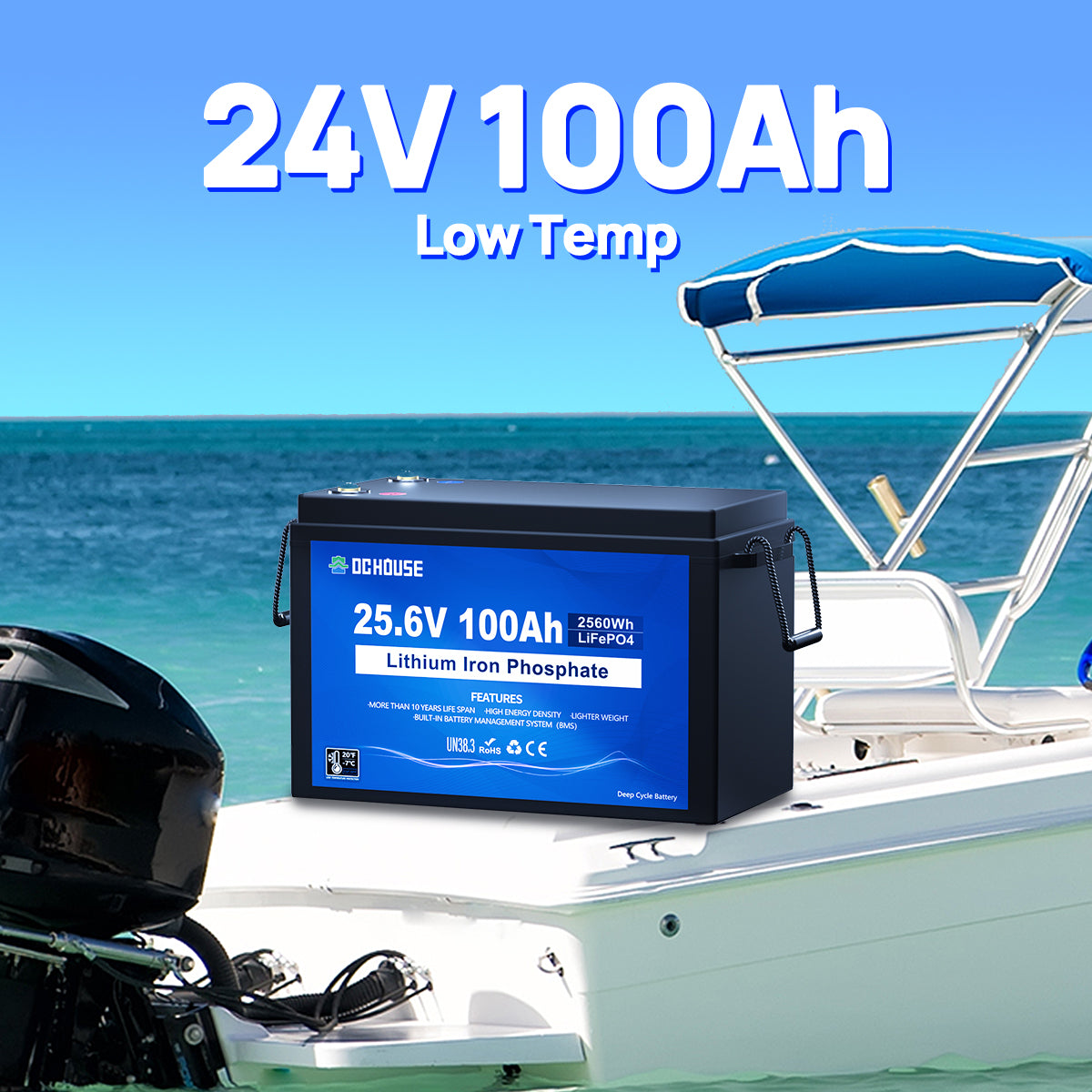 Powerful 24V 100Ah LiFePO4 battery designed for trolling motors, offering extended runtime, high efficiency, and reliable deep cycle performance