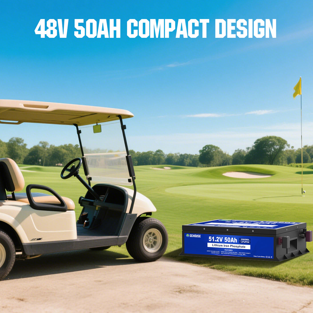 48V 50Ah LiFePO4 battery with 2C discharge, 100A continuous current, metal case, LCD screen, and Grade A cells for golf carts and lawn mowers