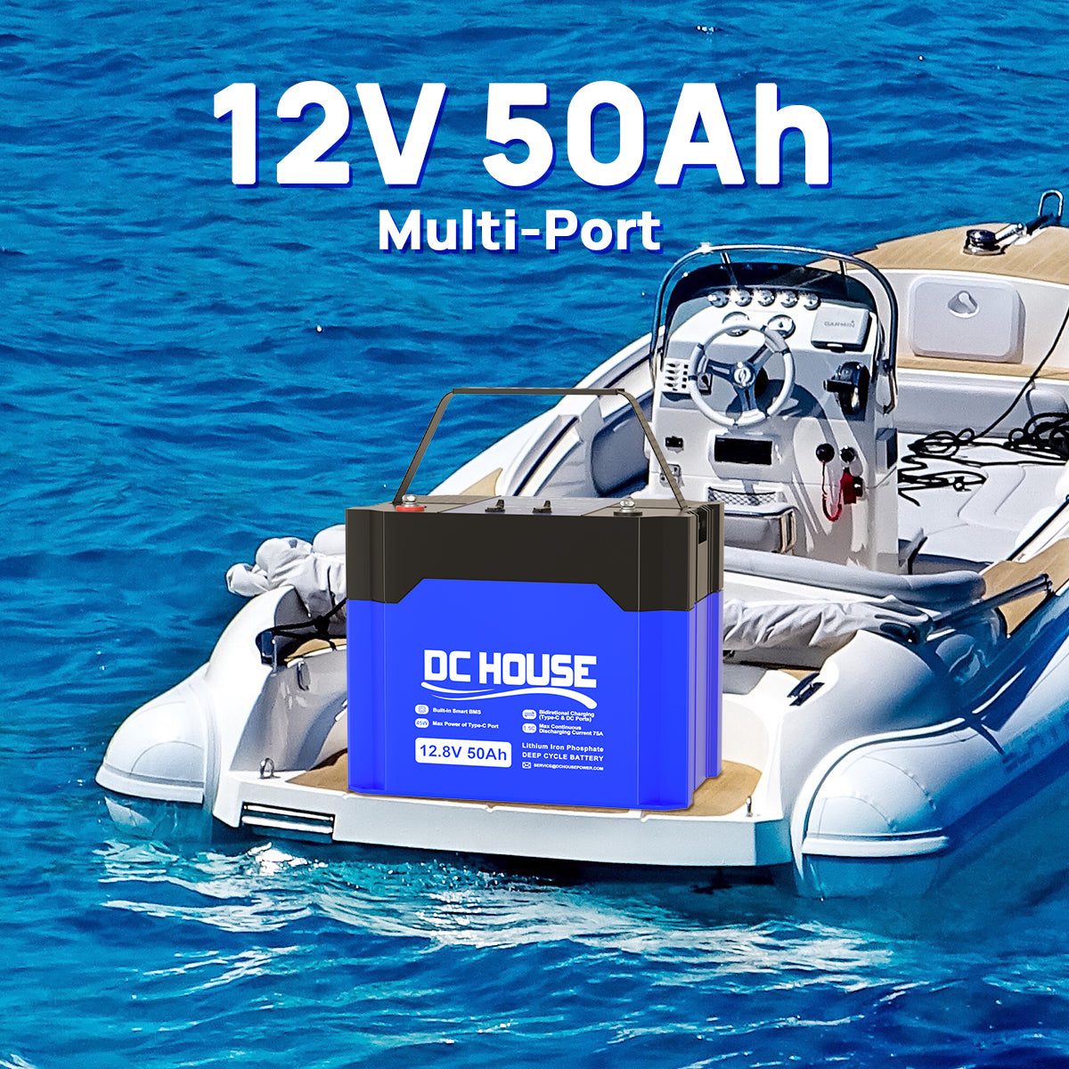 Compact and lightweight 12V 50AH LiFePO4 battery, ideal for small trolling motors with reliable power and long cycle life